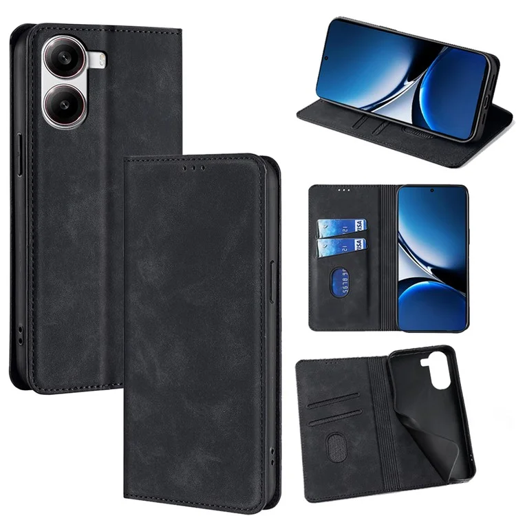 For Xiaomi Redmi Turbo 4 5G / Poco X7 Pro 5G Card Holder Case PU Leather Magnetic Closing Phone Cover - Black