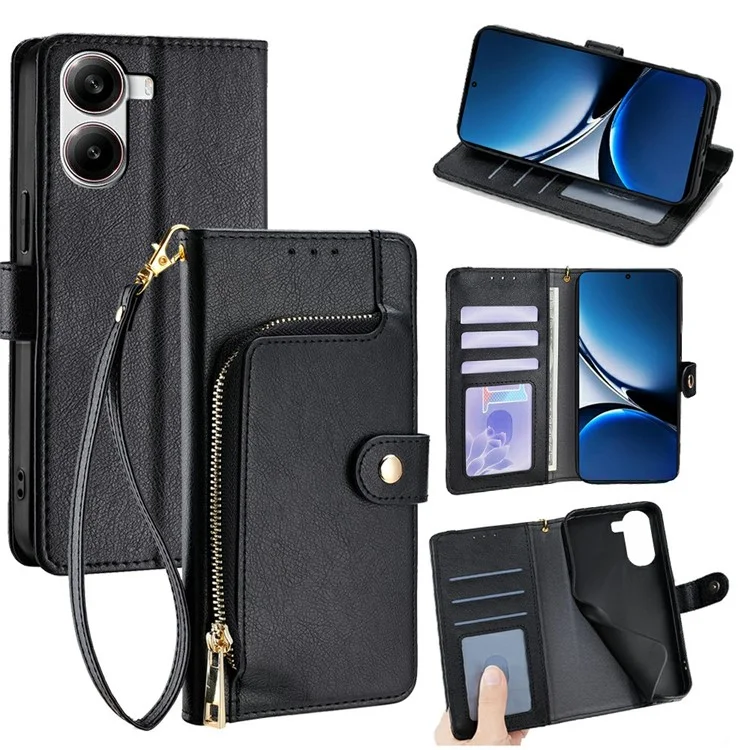 For Xiaomi Redmi Turbo 4 5G / Poco X7 Pro 5G Case Zipper Pocket PU Leather Wallet Flip Phone Cover - Black