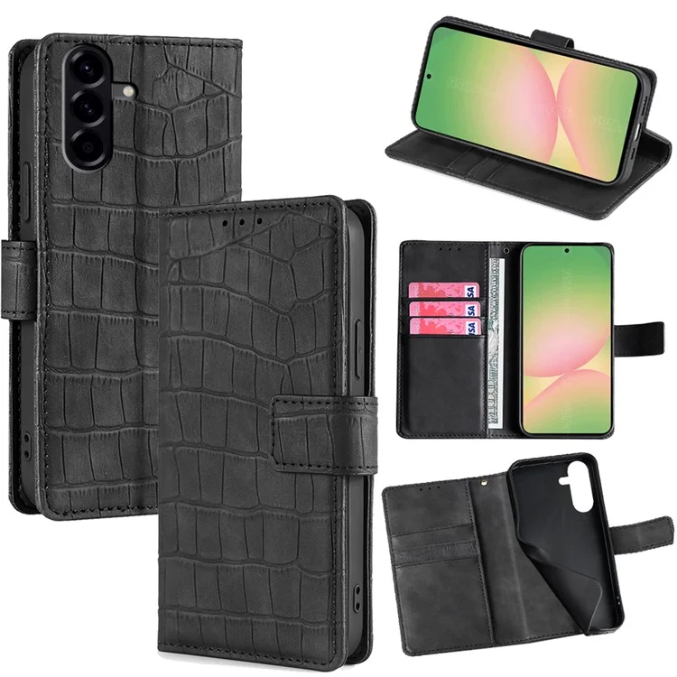 For Samsung Galaxy A56 5G Leather Case Wallet Stand Crocodile Texture Mobile Phone Cover - Black