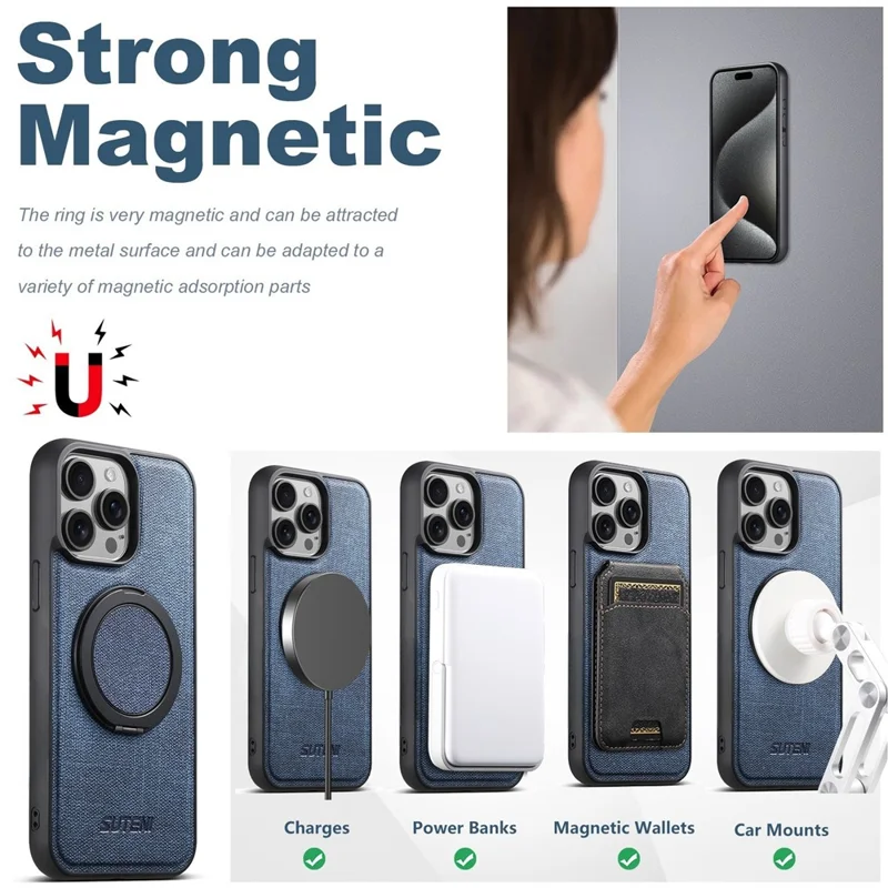 SUTENI G3 For iPhone 14 Pro Magnetic Case Rotating Ring Kickstand Jeans Texture PU TPU Phone Back Cover - Blue