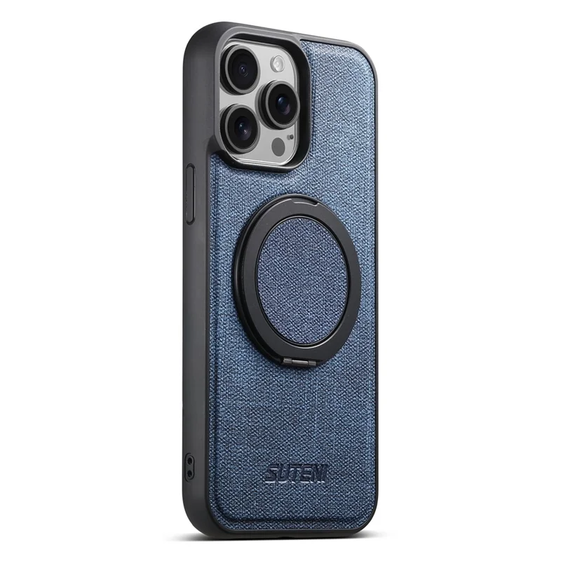 SUTENI G3 For iPhone 14 Pro Magnetic Case Rotating Ring Kickstand Jeans Texture PU TPU Phone Back Cover - Blue