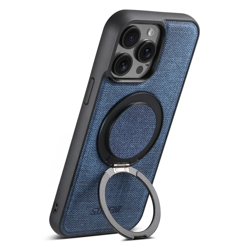 SUTENI G3 For iPhone 14 Pro Magnetic Case Rotating Ring Kickstand Jeans Texture PU TPU Phone Back Cover - Blue