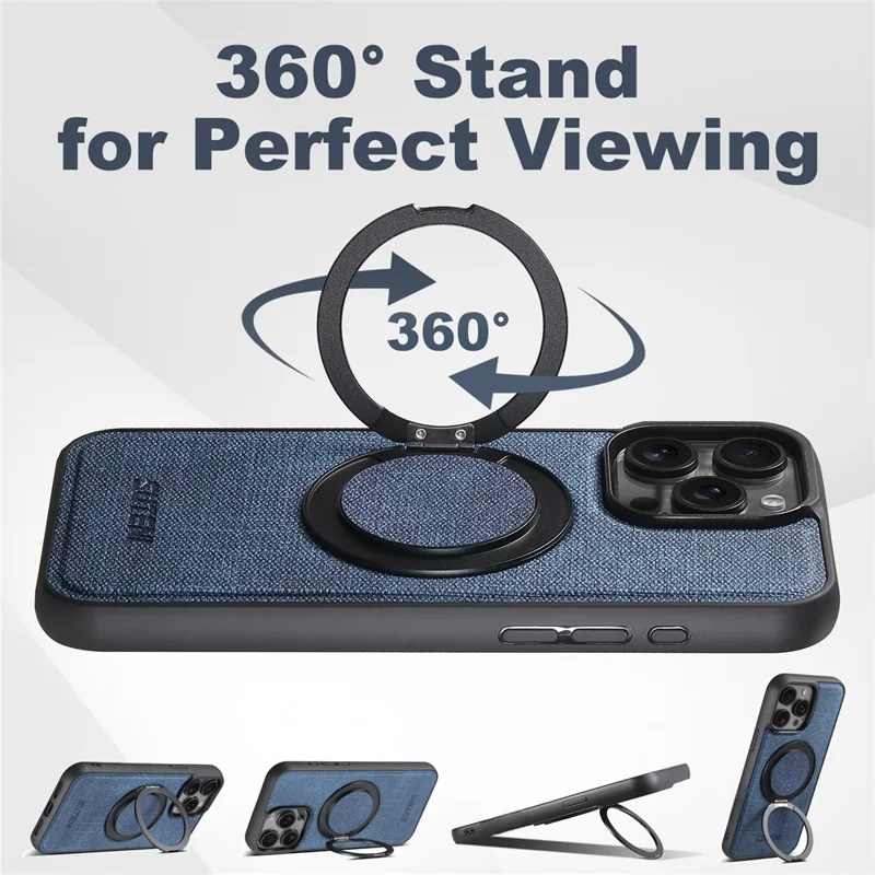 SUTENI G3 For iPhone 14 Pro Magnetic Case Rotating Ring Kickstand Jeans Texture PU TPU Phone Back Cover - Blue