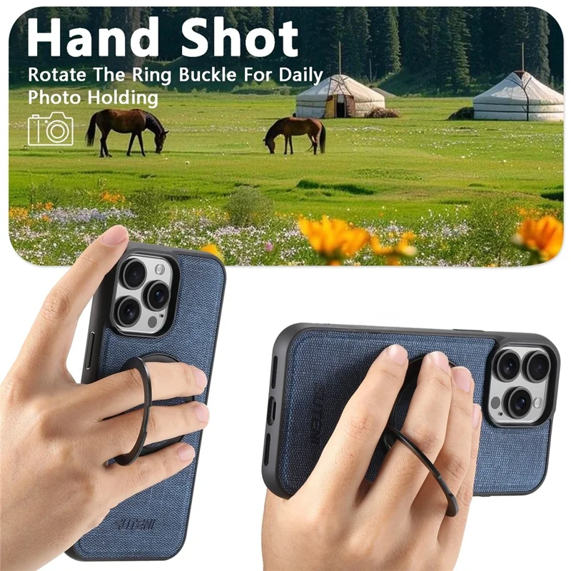 SUTENI G3 For iPhone 14 Pro Magnetic Case Rotating Ring Kickstand Jeans Texture PU TPU Phone Back Cover - Blue