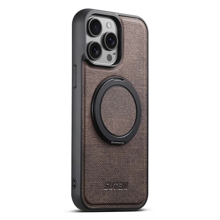 SUTENI G3 For iPhone 14 Pro Max Magnetic Case Rotating Ring Kickstand Jeans Texture PU TPU Phone Back Cover - Brown