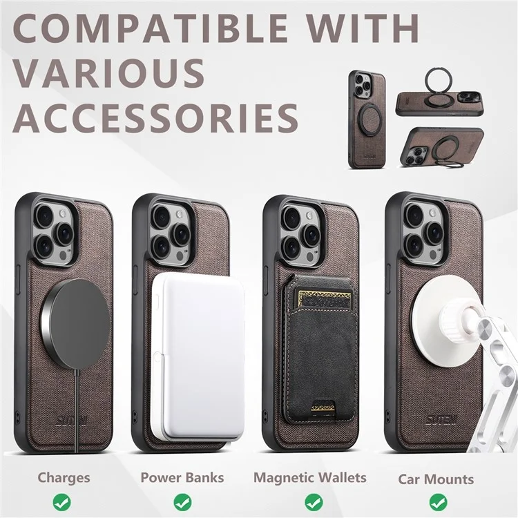 SUTENI G3 For iPhone 14 Pro Max Magnetic Case Rotating Ring Kickstand Jeans Texture PU TPU Phone Back Cover - Brown