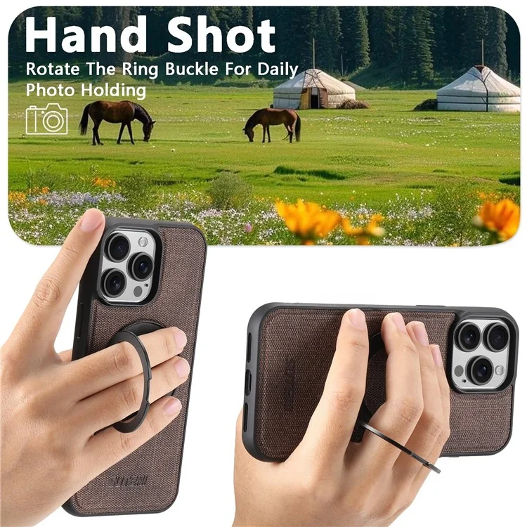 SUTENI G3 For iPhone 14 Pro Max Magnetic Case Rotating Ring Kickstand Jeans Texture PU TPU Phone Back Cover - Brown