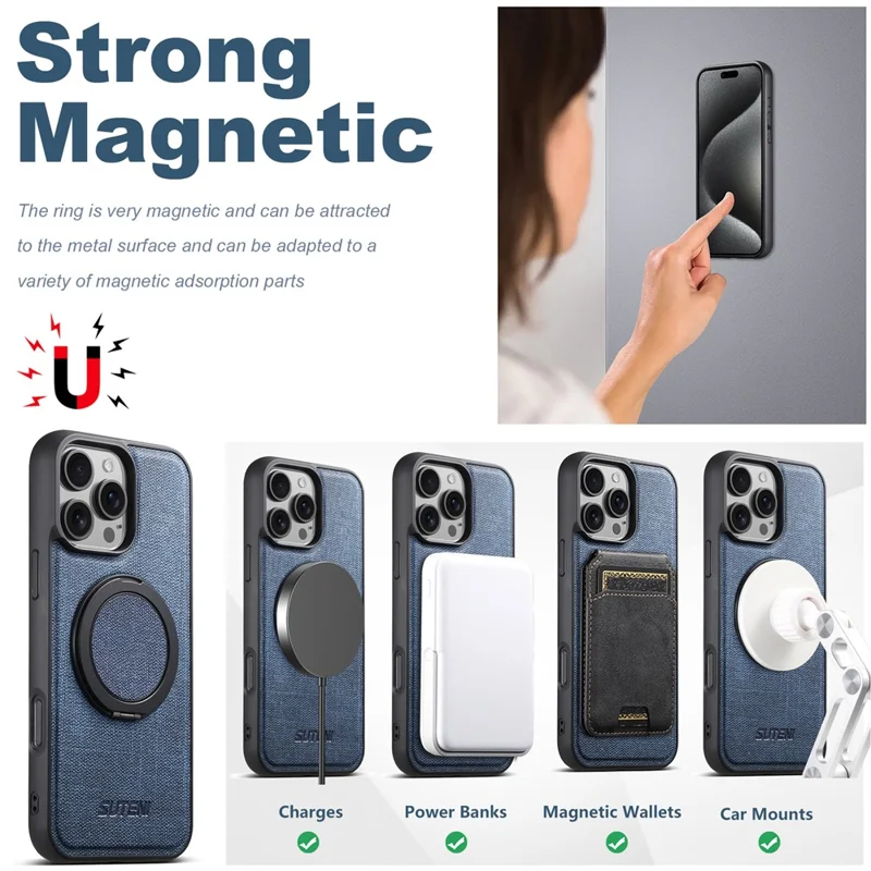 SUTENI G3 For iPhone 16 Pro Magnetic Case Rotating Ring Kickstand Jeans Texture PU TPU Phone Back Cover - Blue