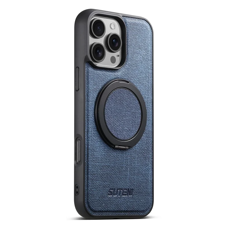 SUTENI G3 For iPhone 16 Pro Magnetic Case Rotating Ring Kickstand Jeans Texture PU TPU Phone Back Cover - Blue