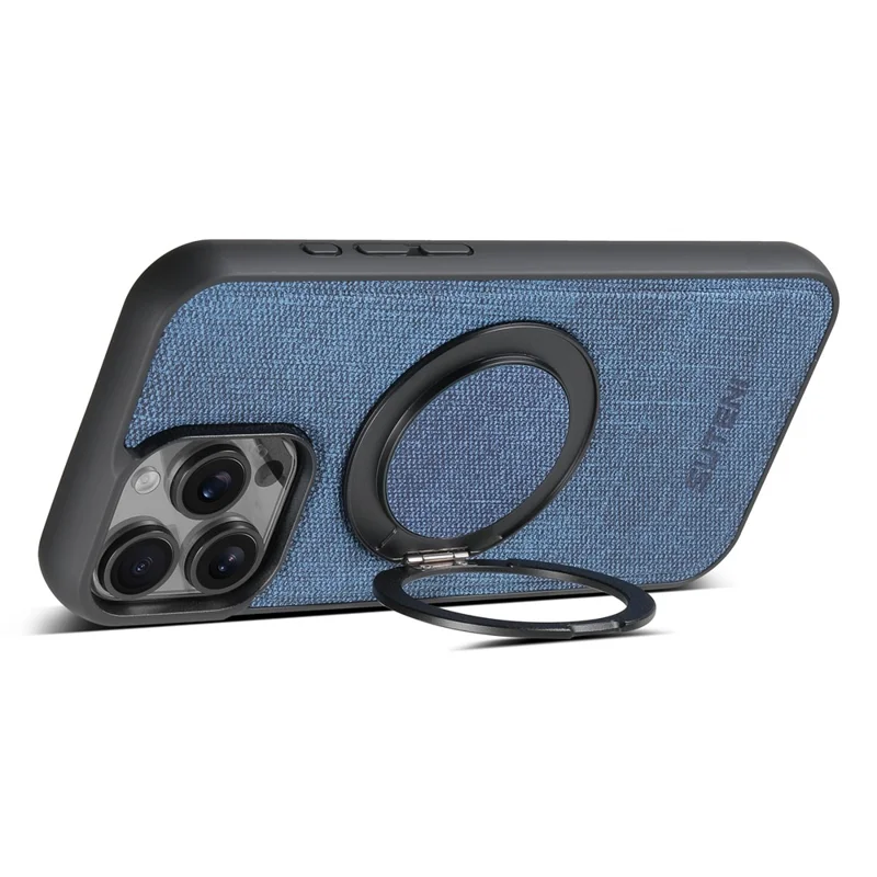 SUTENI G3 For iPhone 16 Pro Magnetic Case Rotating Ring Kickstand Jeans Texture PU TPU Phone Back Cover - Blue