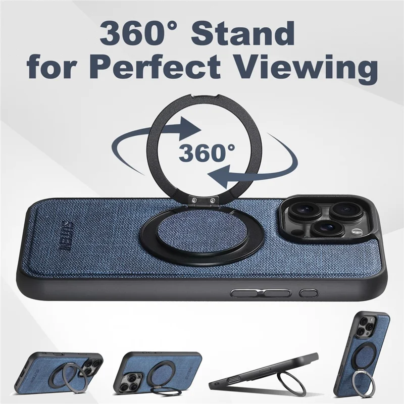 SUTENI G3 For iPhone 16 Pro Magnetic Case Rotating Ring Kickstand Jeans Texture PU TPU Phone Back Cover - Blue
