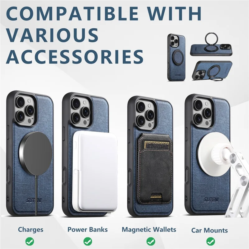 SUTENI G3 For iPhone 16 Pro Magnetic Case Rotating Ring Kickstand Jeans Texture PU TPU Phone Back Cover - Blue