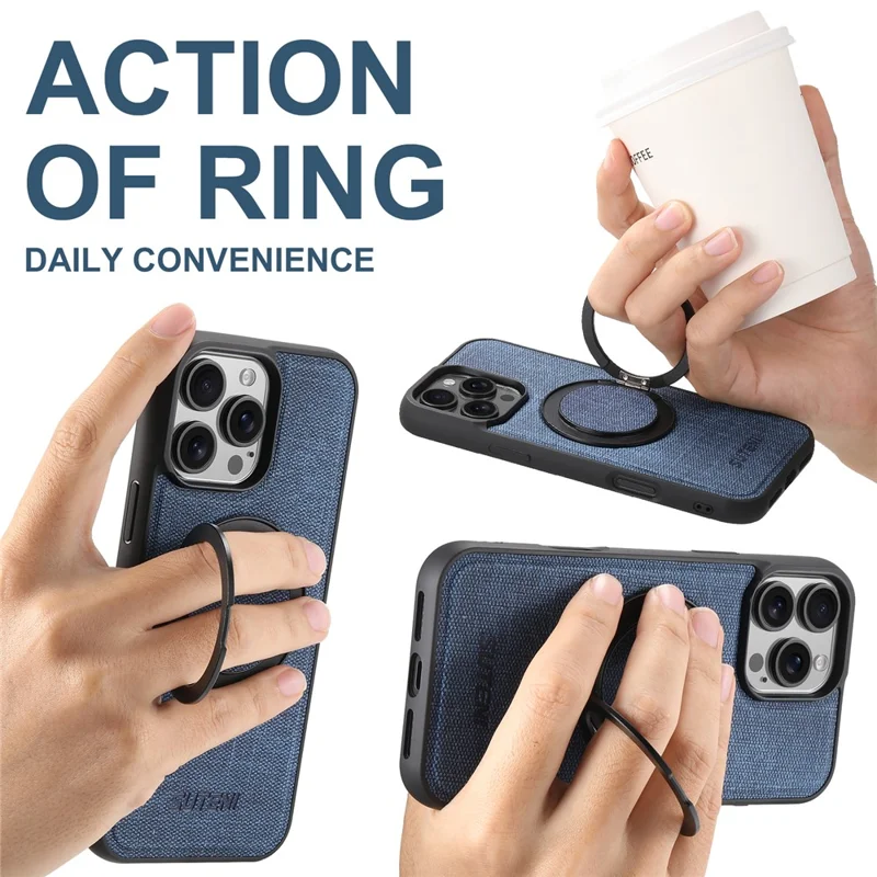 SUTENI G3 For iPhone 16 Pro Magnetic Case Rotating Ring Kickstand Jeans Texture PU TPU Phone Back Cover - Blue