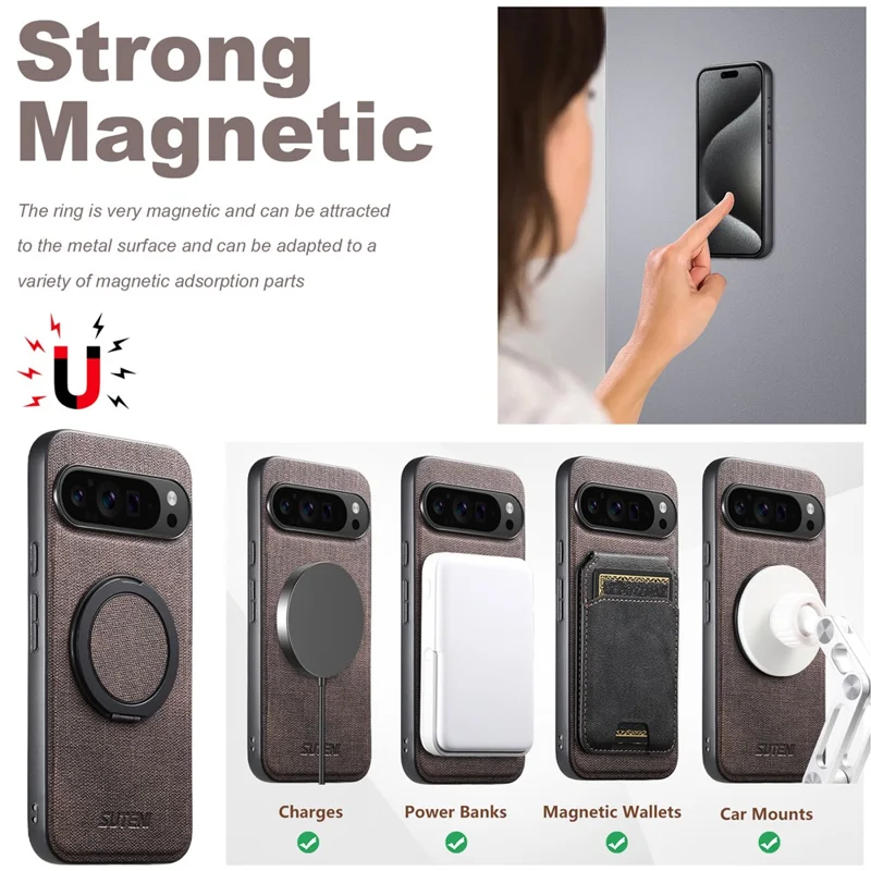 SUTENI G3 For Google Pixel 9 Pro / 9 Magnetic Case Rotating Ring Kickstand Jeans Texture PU TPU Phone Back Cover - Brown