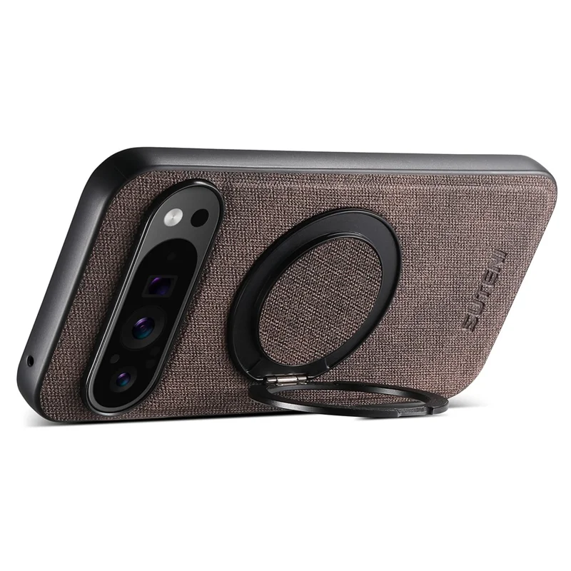 SUTENI G3 For Google Pixel 9 Pro / 9 Magnetic Case Rotating Ring Kickstand Jeans Texture PU TPU Phone Back Cover - Brown
