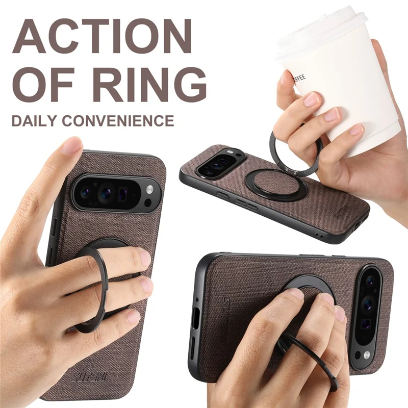 SUTENI G3 For Google Pixel 9 Pro / 9 Magnetic Case Rotating Ring Kickstand Jeans Texture PU TPU Phone Back Cover - Brown