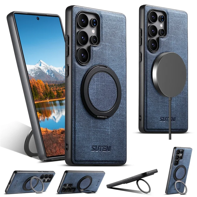 SUTENI G3 For Samsung Galaxy S24 Ultra Magnetic Case Rotating Ring Kickstand Jeans Texture PU TPU Phone Back Cover - Blue