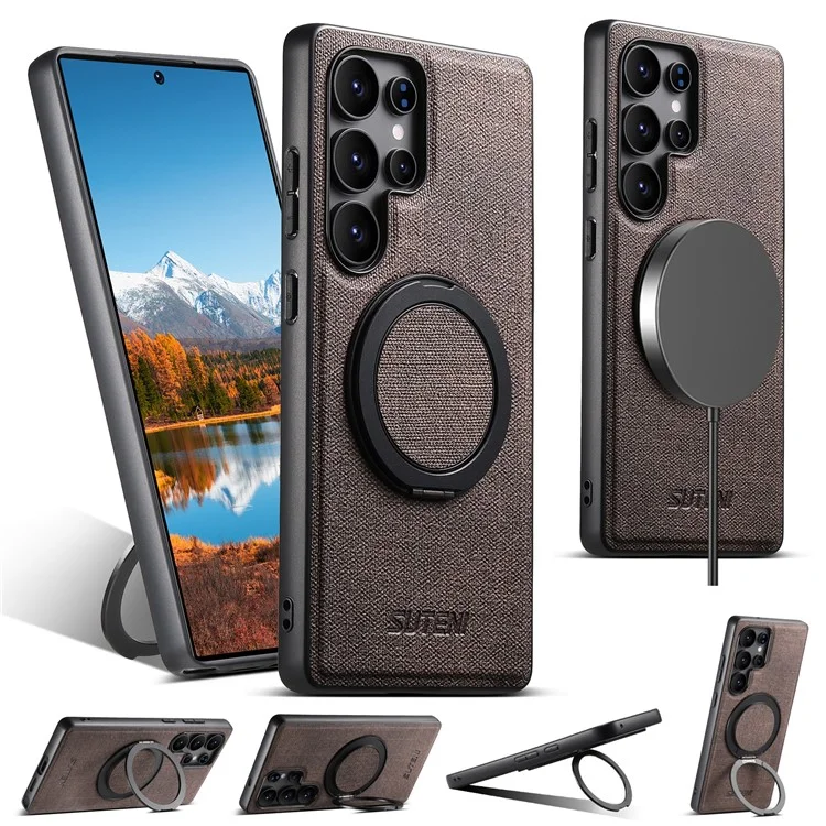 SUTENI G3 For Samsung Galaxy S22 Ultra 5G Magnetic Case Rotating Ring Kickstand Jeans Texture PU TPU Phone Back Cover - Brown