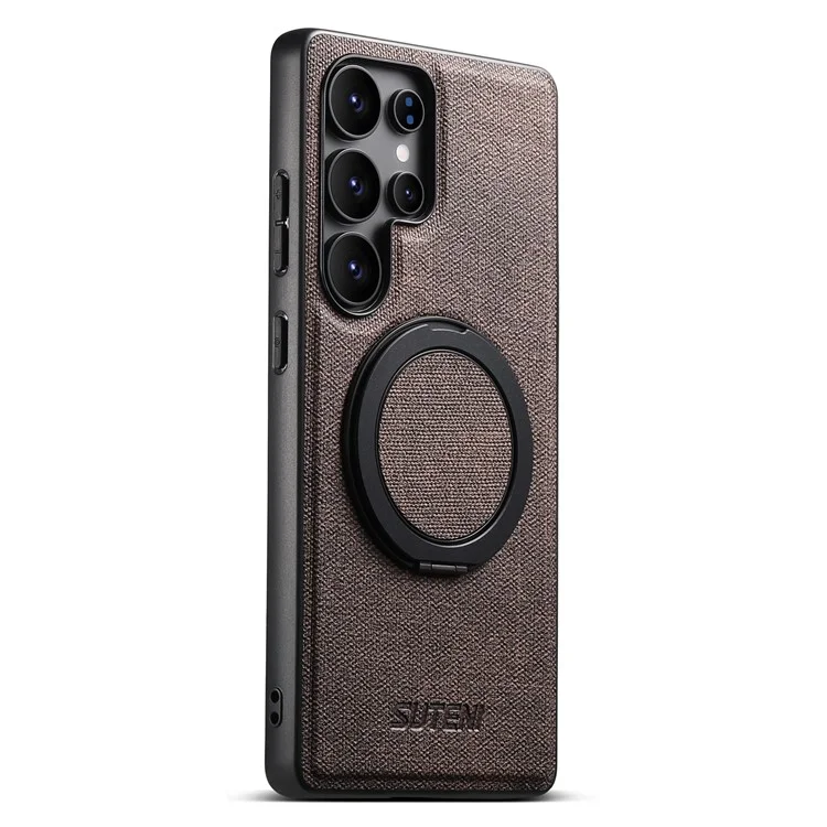 SUTENI G3 For Samsung Galaxy S22 Ultra 5G Magnetic Case Rotating Ring Kickstand Jeans Texture PU TPU Phone Back Cover - Brown