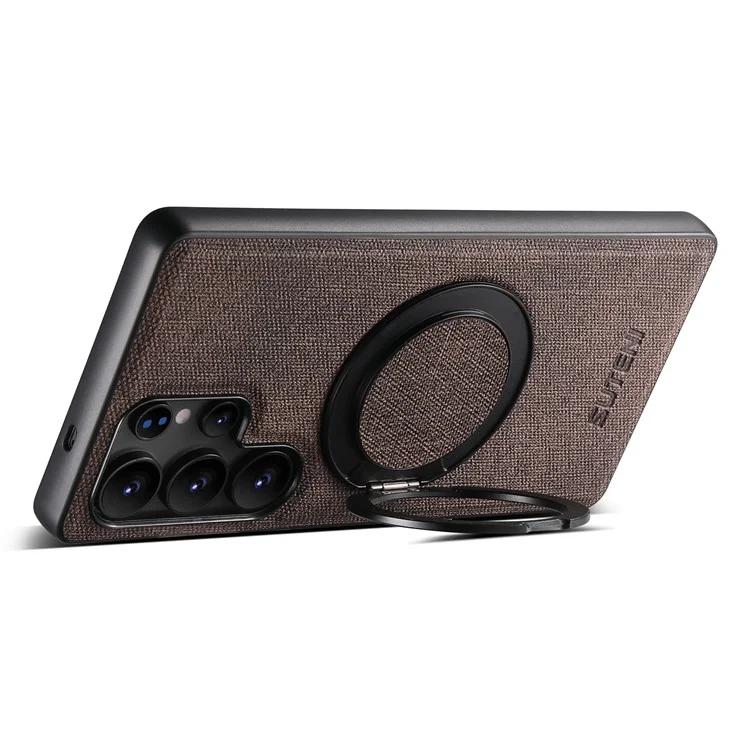 SUTENI G3 For Samsung Galaxy S22 Ultra 5G Magnetic Case Rotating Ring Kickstand Jeans Texture PU TPU Phone Back Cover - Brown