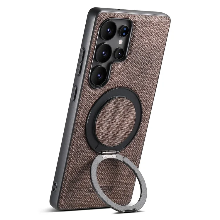 SUTENI G3 For Samsung Galaxy S22 Ultra 5G Magnetic Case Rotating Ring Kickstand Jeans Texture PU TPU Phone Back Cover - Brown