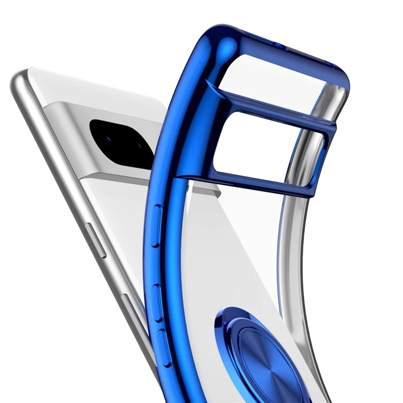 For Google Pixel 7 5G Electroplating TPU Phone Case Rotary Ring Holder Kickstand Transparent Back Cover - Black