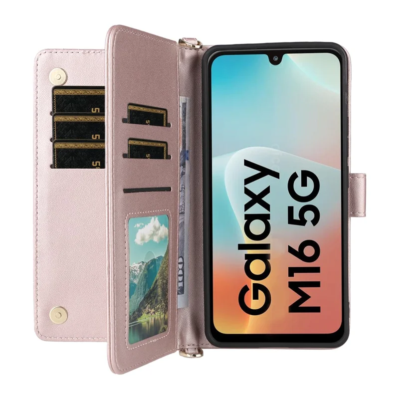 Cover a portafoglio per Samsung Galaxy M16 5G / F16 5G con cinghia a tracolla/polso, in pelle, con supporto - Rosa