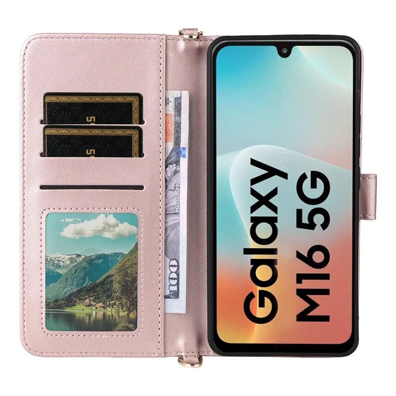 Cover a portafoglio per Samsung Galaxy M16 5G / F16 5G con cinghia a tracolla/polso, in pelle, con supporto - Rosa