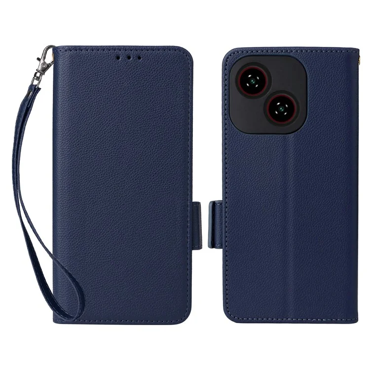 For ZTE Blade A35e (Z2466) Case with Wrist Strap Litchi Texture PU Leather Wallet Phone Cover - Dark Blue