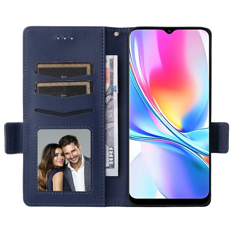 For ZTE Blade A35e (Z2466) Case with Wrist Strap Litchi Texture PU Leather Wallet Phone Cover - Dark Blue
