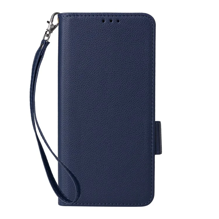 For ZTE Blade A35e (Z2466) Case with Wrist Strap Litchi Texture PU Leather Wallet Phone Cover - Dark Blue
