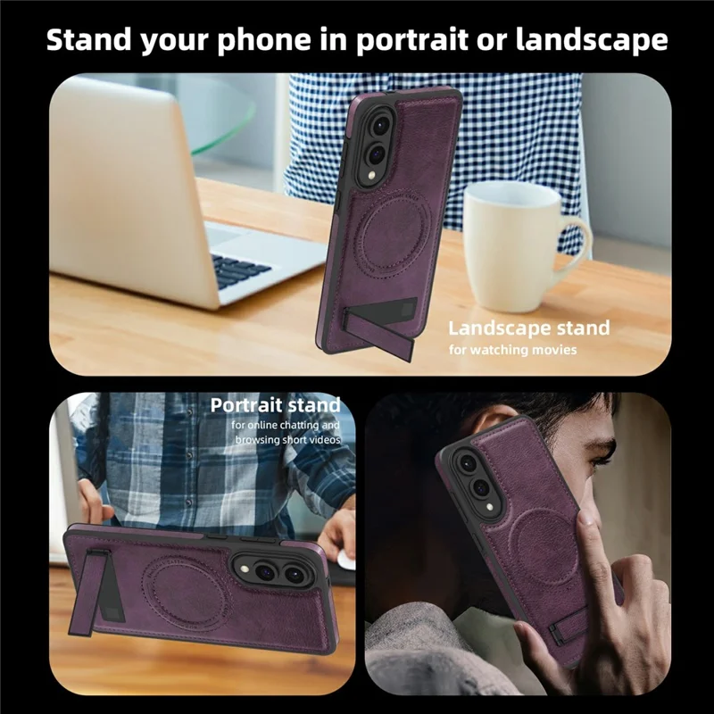 Capa Compatível com Samsung Galaxy S25 Edge com Suporte MagSafe e Cobertura de Celular de Couro - Roxo Escuro