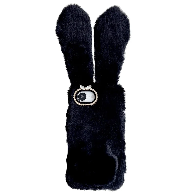 For iPhone 17e / 16e Case Plush Cute Bunny Winter Fluffy TPU Phone Cover - Black