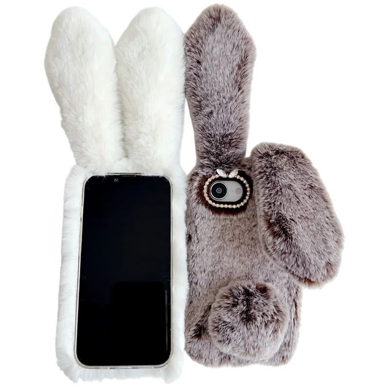 For iPhone 16e Case Plush Cute Bunny Winter Fluffy TPU Phone Cover - Dark Grey