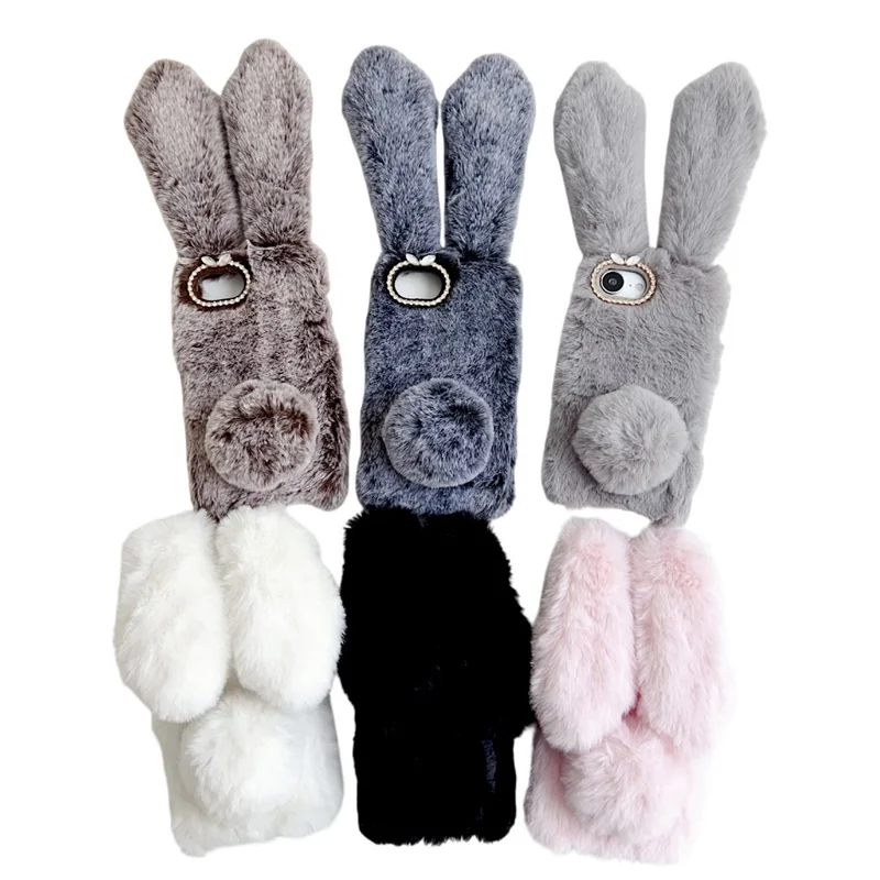 For iPhone 16e Case Plush Cute Bunny Winter Fluffy TPU Phone Cover - Dark Grey