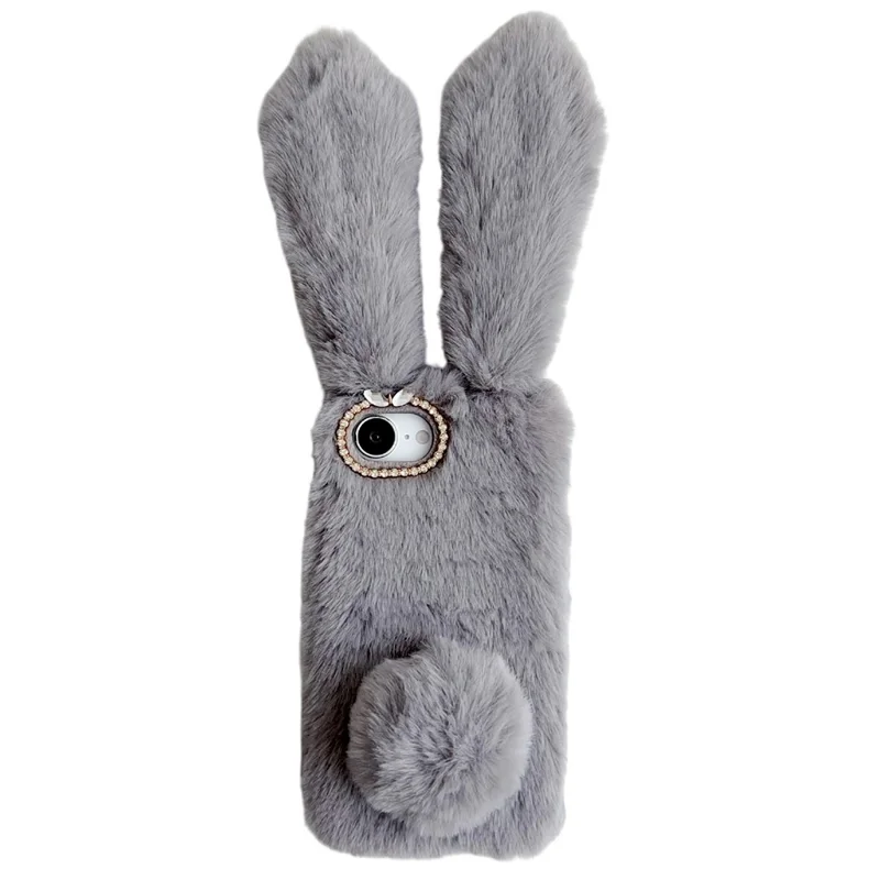 For iPhone 17e / 16e Case Plush Cute Bunny Winter Fluffy TPU Phone Cover - Grey