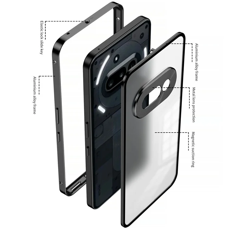 Cover per Nothing Phone (3a) Custodia Opaca in Lega di Alluminio + PC con Scatto a Scomparsa e Chiusura a Scatto - Nero