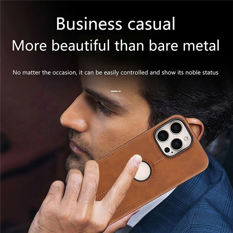 For iPhone 16 Pro Max Case Central Axis with Logo Cutout PU Leather + PC Phone Back Cover - Light Brown