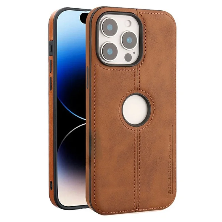 Für iPhone 14 Pro Max Hülle Zentrale Achse mit Logo-Ausschnitt PU-Leder + PC-Handyhülle - Hellbraun