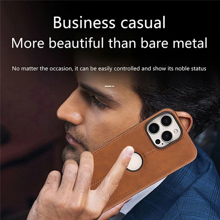 For iPhone 14 Pro Case Central Axis with Logo Cutout PU Leather + PC Phone Back Cover - Light Brown