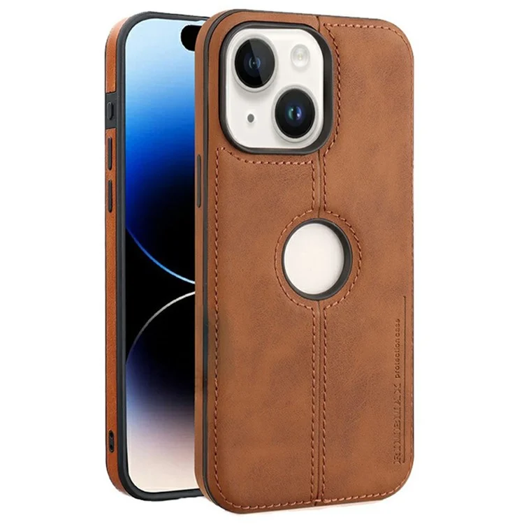For iPhone 14 Plus Case Central Axis with Logo Cutout PU Leather + PC Phone Back Cover - Light Brown