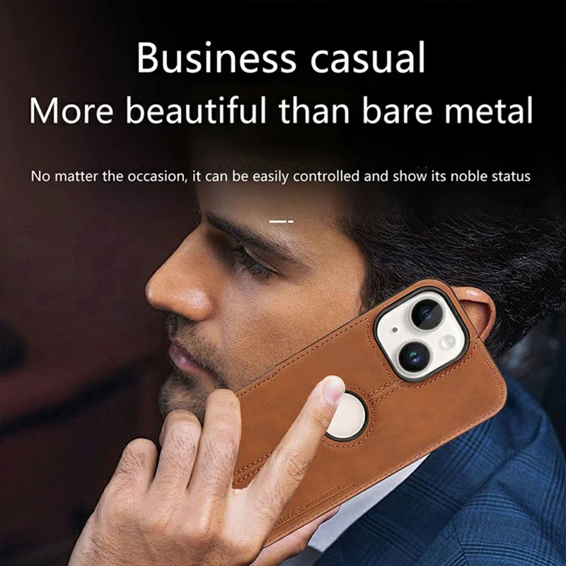 For iPhone 13 Case Central Axis with Logo Cutout PU Leather + PC Phone Back Cover - Light Brown