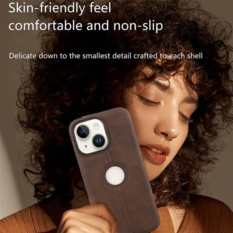 For iPhone 13 Case Central Axis with Logo Cutout PU Leather + PC Phone Back Cover - Light Brown