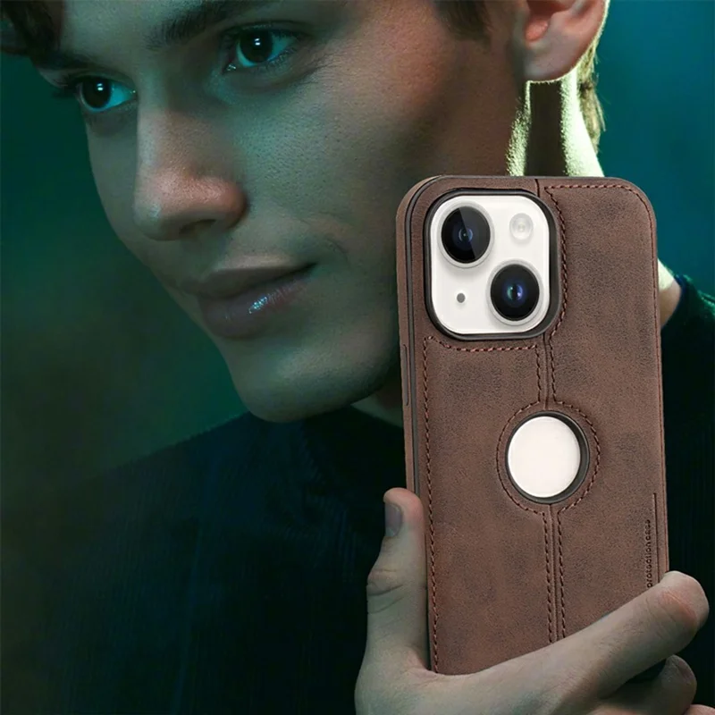 For iPhone 13 Case Central Axis with Logo Cutout PU Leather + PC Phone Back Cover - Light Brown