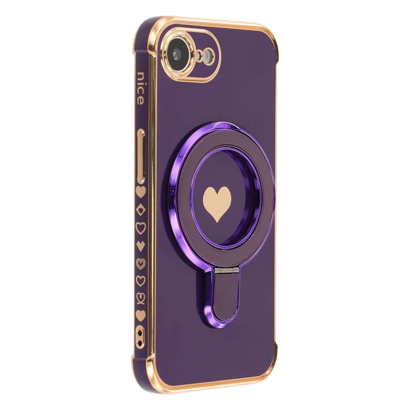 Voor iPhone 16e Hoesje met Standaard Elektrolytisch Gepoederde Hartafdruk TPU Achterkant - Donkerpaars