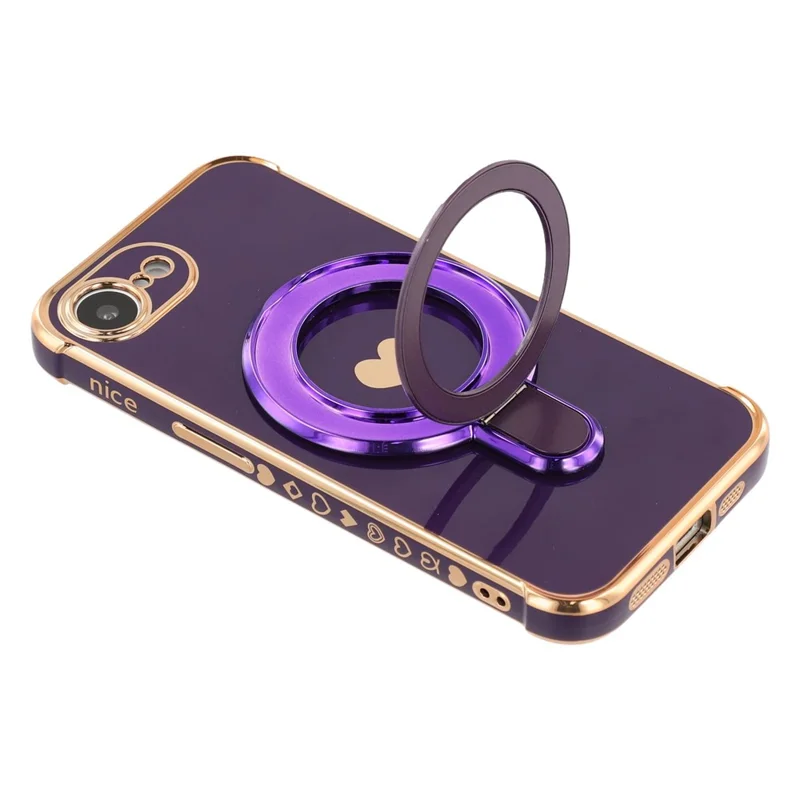 Voor iPhone 16e Hoesje met Standaard Elektrolytisch Gepoederde Hartafdruk TPU Achterkant - Donkerpaars