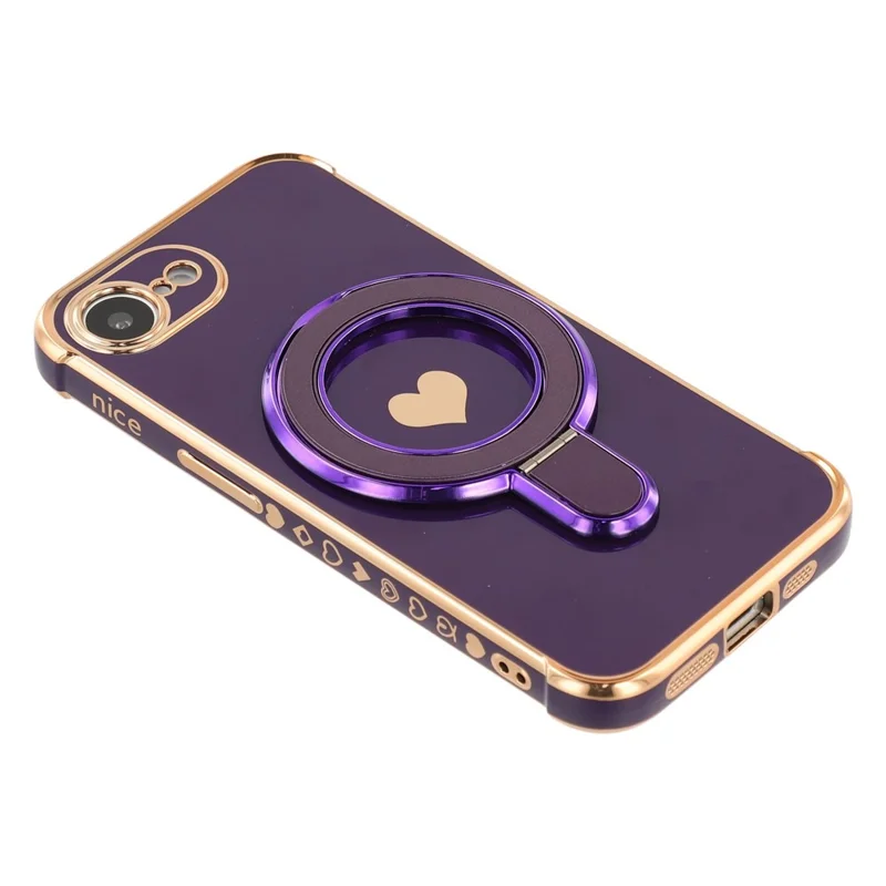 Voor iPhone 16e Hoesje met Standaard Elektrolytisch Gepoederde Hartafdruk TPU Achterkant - Donkerpaars