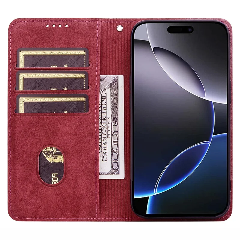 For iPhone 14 Pro Max Case Lines Pattern Wallet Leather Phone Cover with Strap - Red