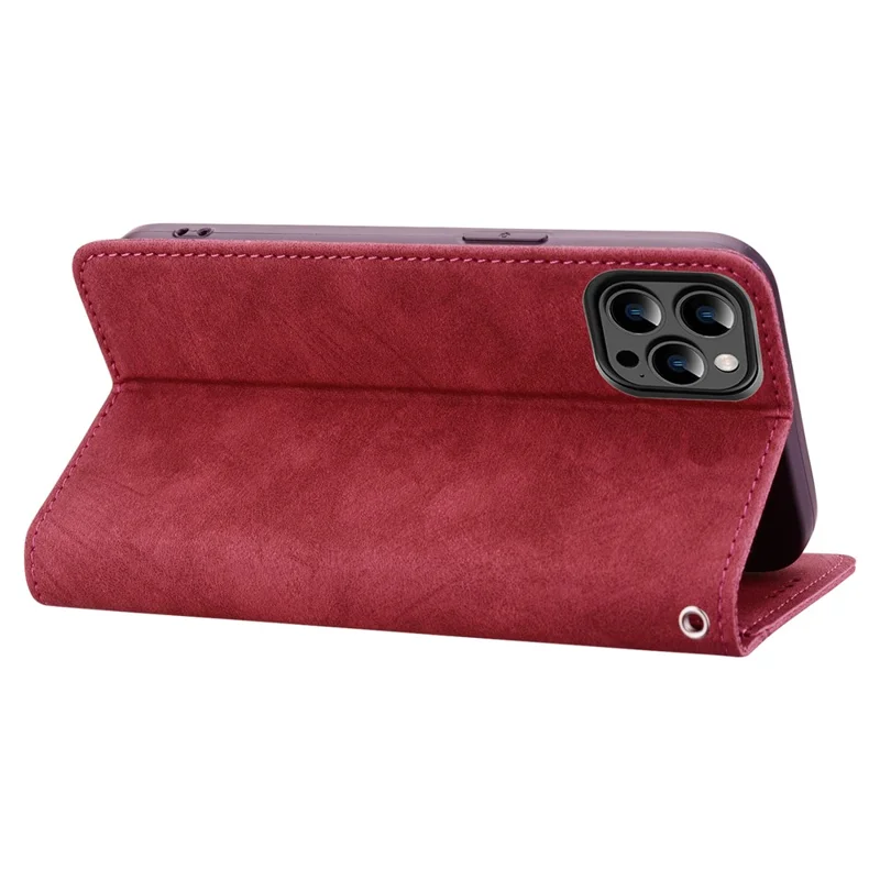 For iPhone 14 Pro Max Case Lines Pattern Wallet Leather Phone Cover with Strap - Red