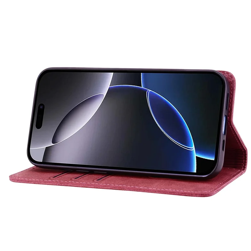 For iPhone 14 Pro Max Case Lines Pattern Wallet Leather Phone Cover with Strap - Red